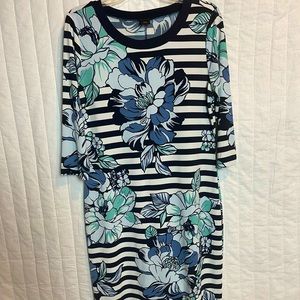 Ann Taylor Size Medium Blue White Floral and Stripe Dress 3/4 Sleeve.